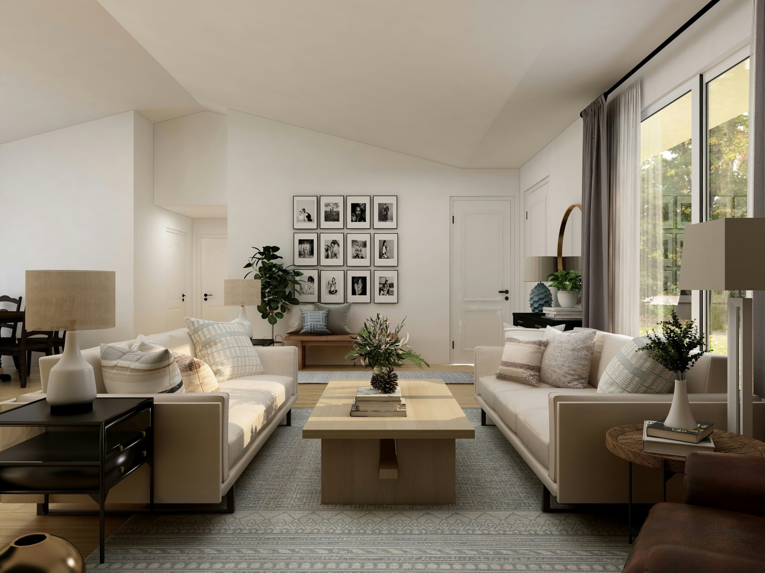 Decluttered, neutral living room staged with a floated furniture grouping and a large area rug