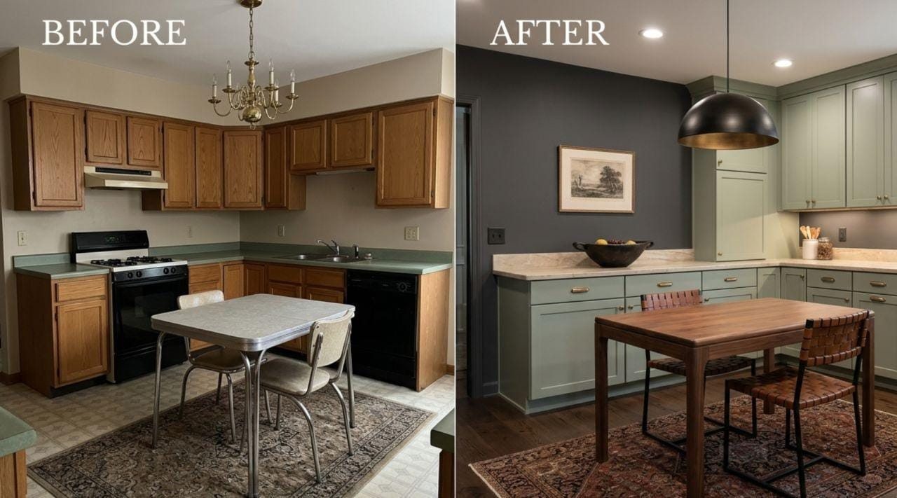 Before and after of a Huntingdon Valley kitchen designed by Julia Ginzburg